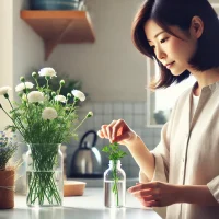 切り花に延命剤を入れている女性