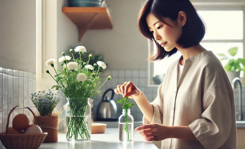 切り花に延命剤を入れている女性