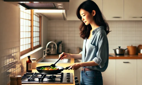 料理をしている女性