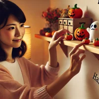 ハロウィングッズを飾っている女性