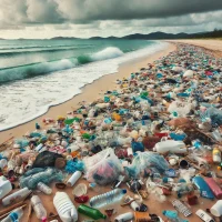 砂浜に打ち上げられたプラスチックのゴミ