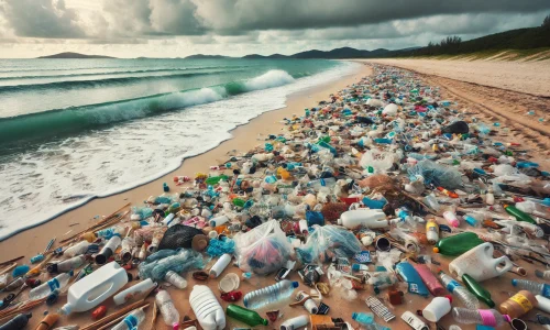 砂浜に打ち上げられたプラスチックのゴミ