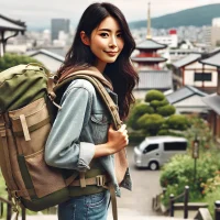 バックパックで旅行中の女性。