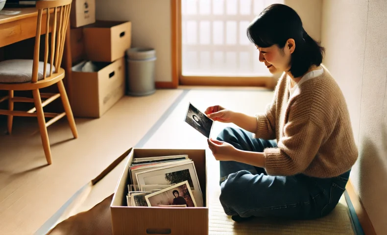 思い出の写真を見ている女性。