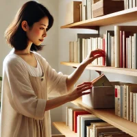 書棚の整理をする女性