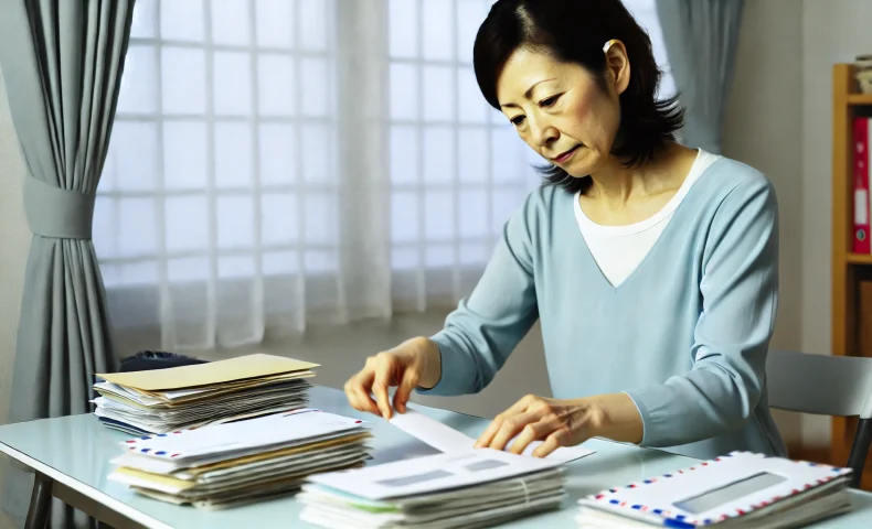 郵便物の整理をしている女性