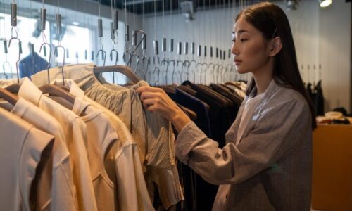 店で服を選んでいる女性