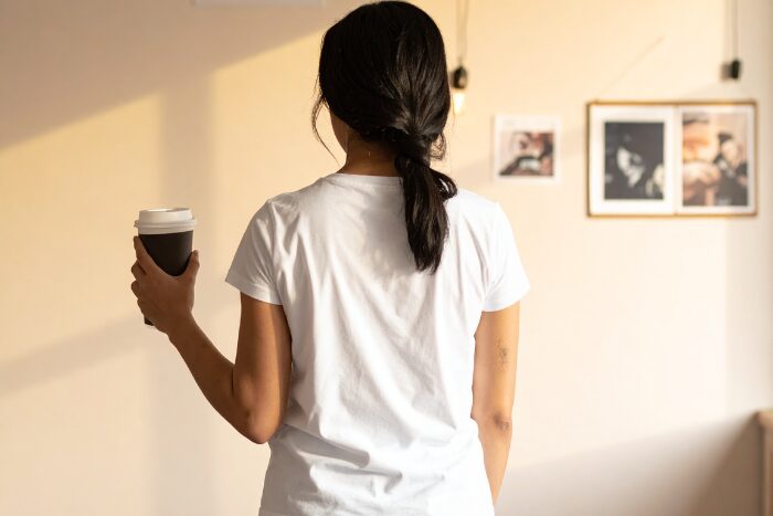 シンプルな空間に立つ女性