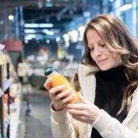 スーパーで食品を選んでいる女性