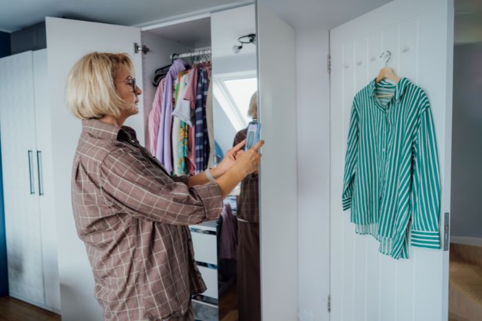 洋服の整理をしている中年の女性