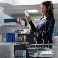 ドラッグストアで買い物する女性