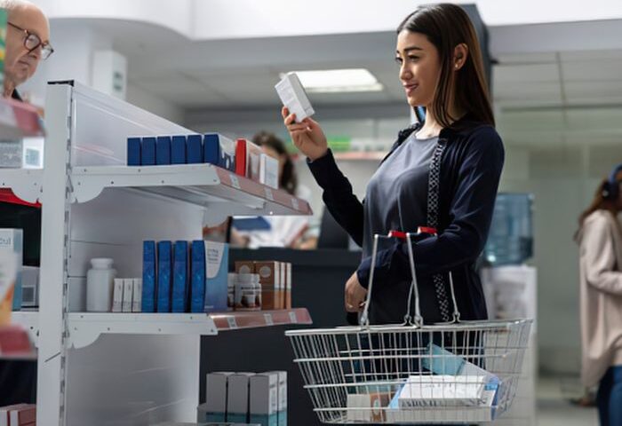 ドラッグストアで買い物する女性
